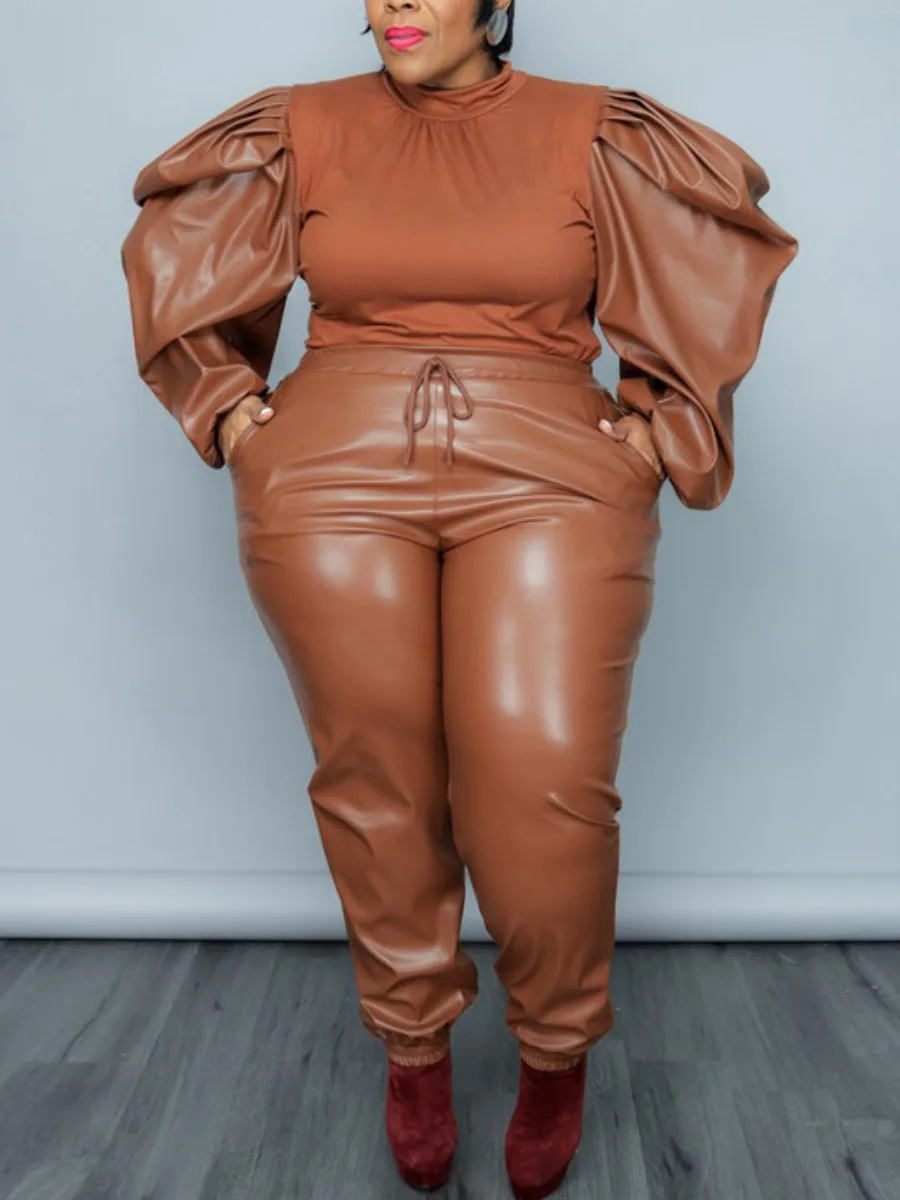 LW Plus Size Pants Two Pieces Set Faux Leather Puff Sleeve Drawstring Pants Set 2024 Autumn Winter Long Sleeve Top Tracksuit Set