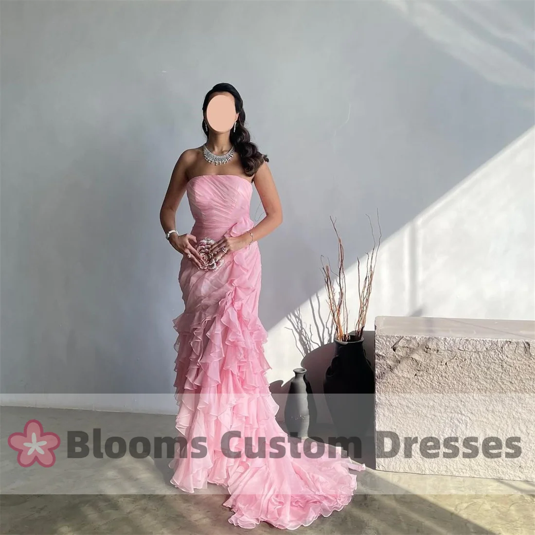 Blooms Pink Ruffles Tiered Customized Evening Dress Mermaid Sleeveless Formal Occasion Floor-Length Gorgeous Wedding Prom Dress