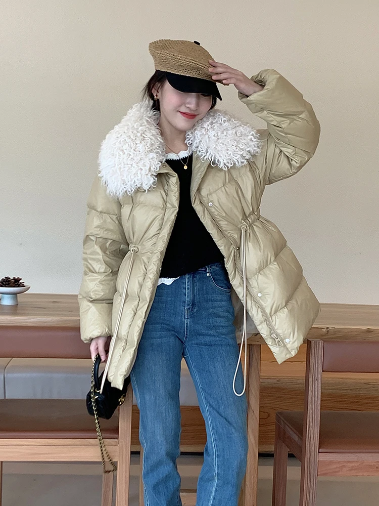 

2023 New Autumn Winter Down Jacket Women's Warm Lamb Wool Lapel Collar White Duck Down Coat Waist Stretch Korean Version Outwear