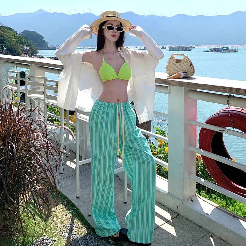 

Beach Vacation Loose Stripe Wide Leg Pants Set Women's White Sun Protection Shirt Green Bikini Strap Casual Style Polyester