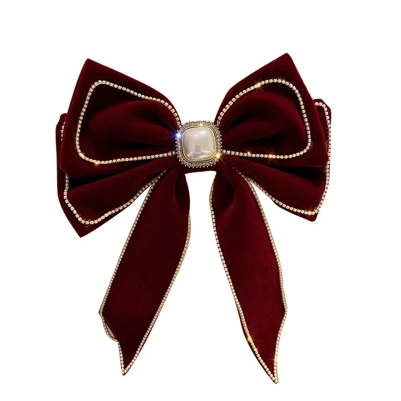 Korean Velvet Bow Hair Pins Fabric Rhinestone Pearl Hair Clips for Women Luxulry Jewelry Spring Clip Gils Hair Accessories