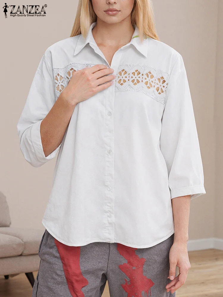 

ZANZEA модная блузка элегантные женские рубашки с рукавами 3/4 и лацканами повседневные кружевные топы 2025 лоскутное свободное однотонное OL Blusas