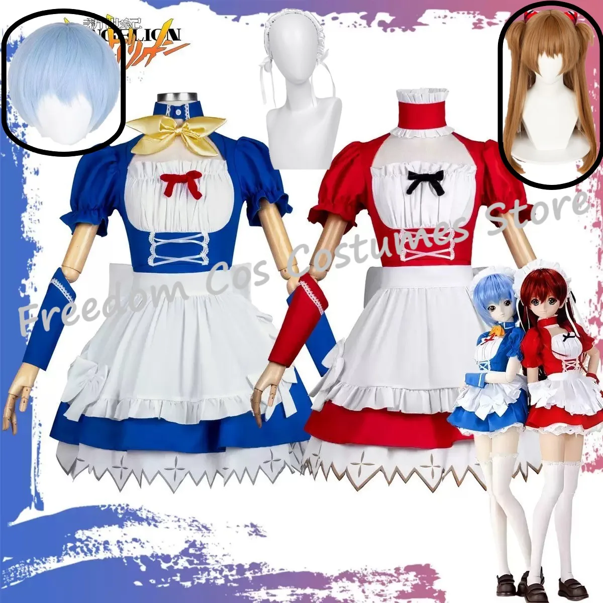 

Anime Asuka Rei EVAA Cosplay Costume Sexy Lolita Red Blue Maid Dress Japanese Sweet Women Kawaii Wigs Halloween Girls Costumes