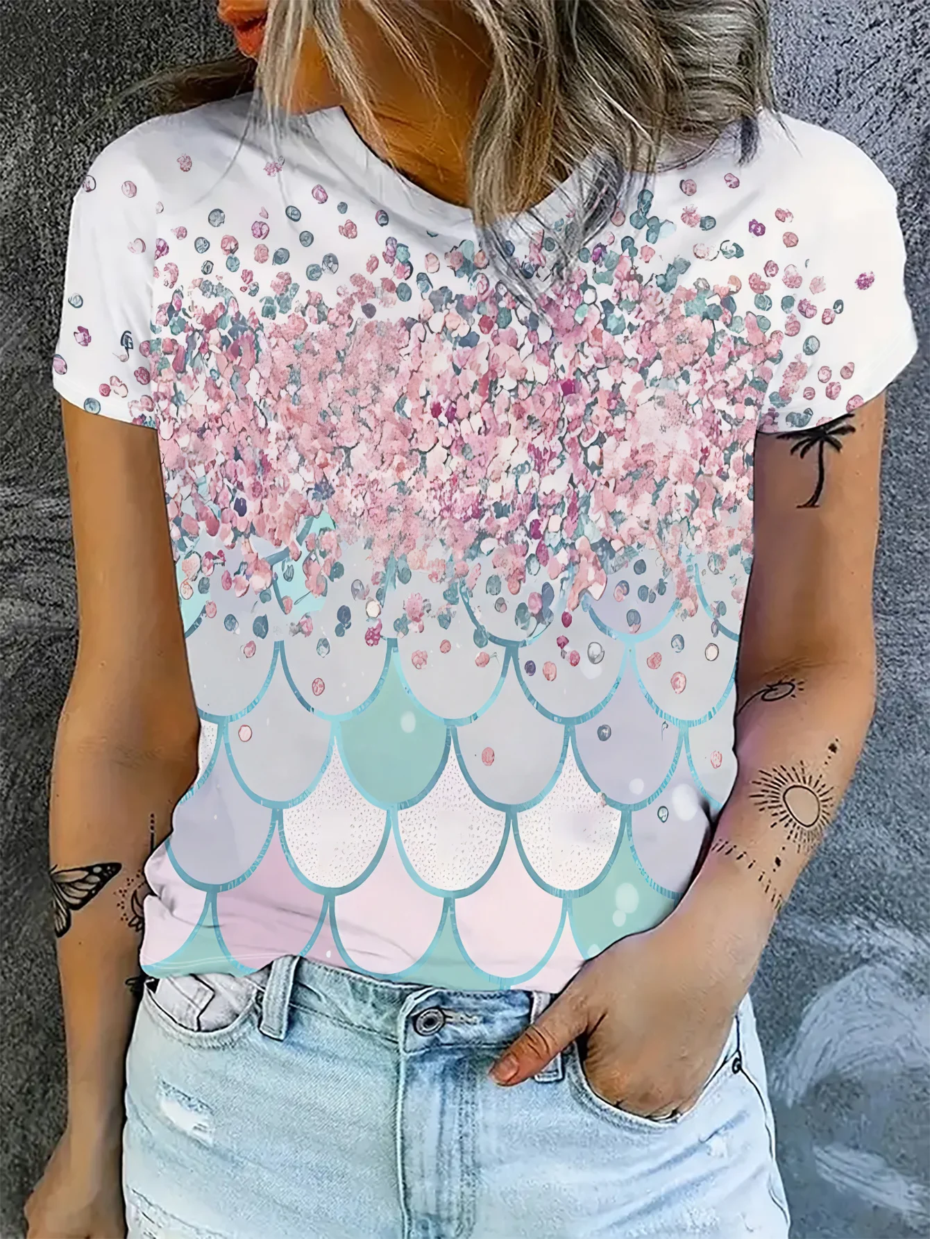 Women T‑shirt Short Sleeve Mermaid Scale Print Crew Neck Casual Streetwear Daily Summer Fashion Women's Tee Top Street Clothes