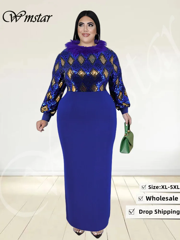 Wmstar Plus Size Dresses Women Print Patchwork Feather Long Sleeve Vintage Maxi Dress Elegant Streetwear Wholesale Dropshipping