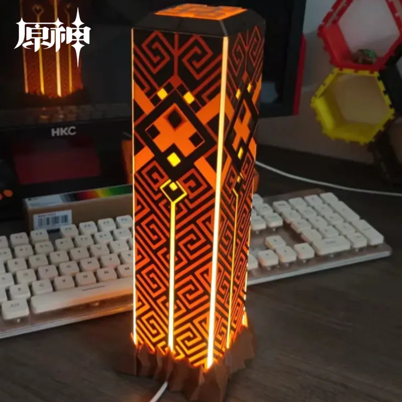 Genshin Impact Zhongli Geos Pillar LED Lamps Anime Figure Ornament Lights Up Desk Table Night Lights Home Room Decor Gift Fans