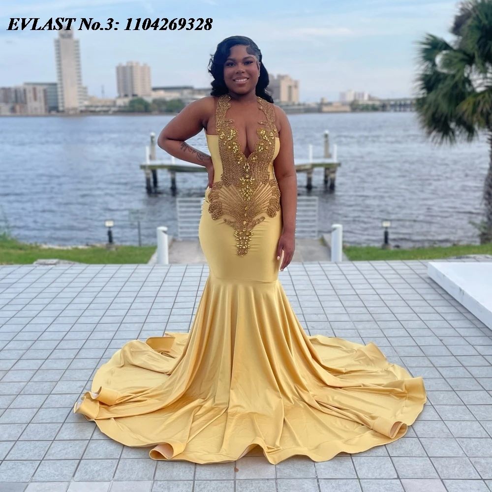 EVLAST Customized Sparkly Gold Satin Prom Dress 2025 Glitter Shiny Crystal Beaded Black Girls Mermaid Evening Party Gown E3P199