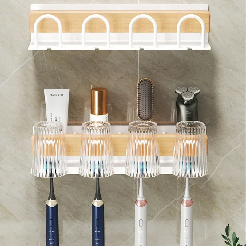 Natural Wood Toothbrush Holder Inverted Drainage Rack Compartmentalized Organizer Anti-Fall High Guardrail Bathroom