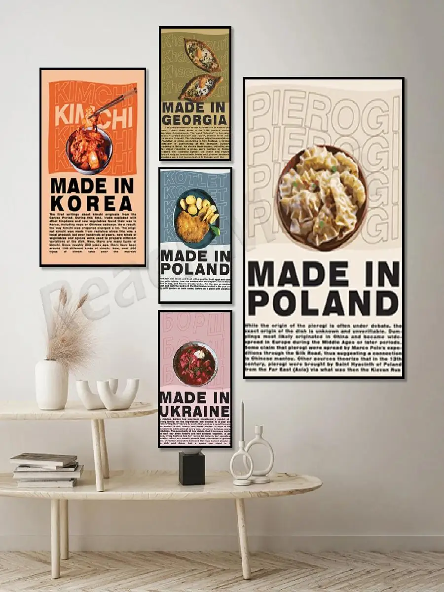 Korean Kimchi and Eastern European Food Poster  Ukrainian Polish Georgian Russian Cuisine with Pierogi Kitchen Decoration Art