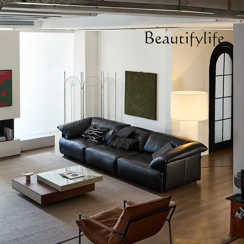 

Italian minimalist leather sofa living room home modern simple light luxury straight three-person sofa