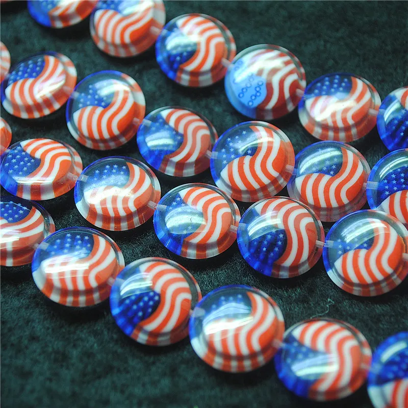 20PCS US Flag America Marks Glass Beads Material Coin Shape Size 15MM With Fashion DIY Women's Jewelry Designs Free Shippings