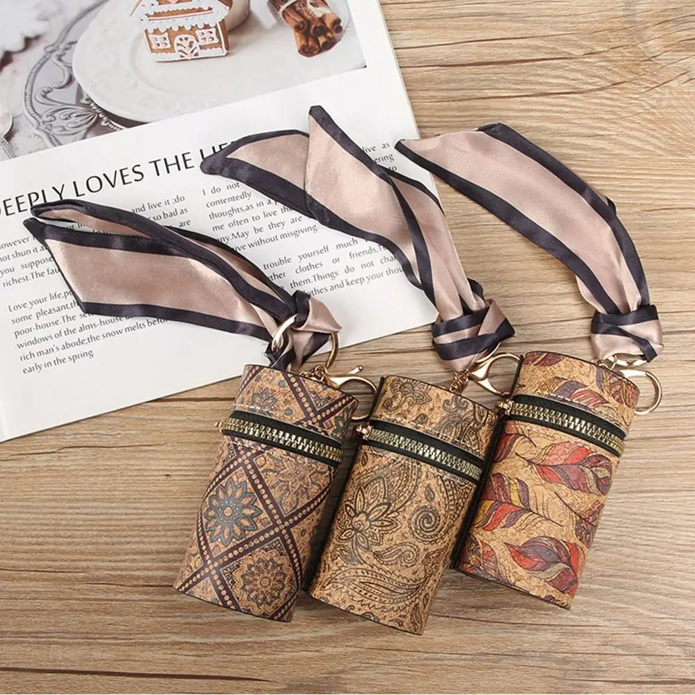 Portable PU Mini Lipstick Bag Cylindrical Wood Grain Key Coin Purse Cartoon Printed Bucket Bag for Woman Girls