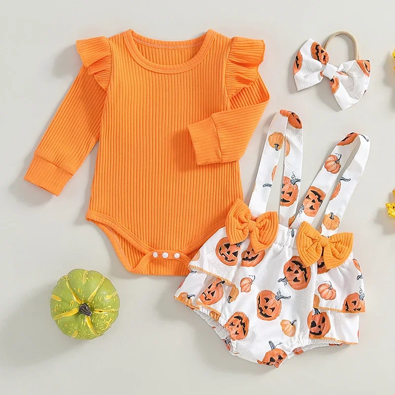 Baby Clothing Girl Long Sleeve Romper with Pumpkin Print Overall Shorts Headband Newborn Halloween Clothes