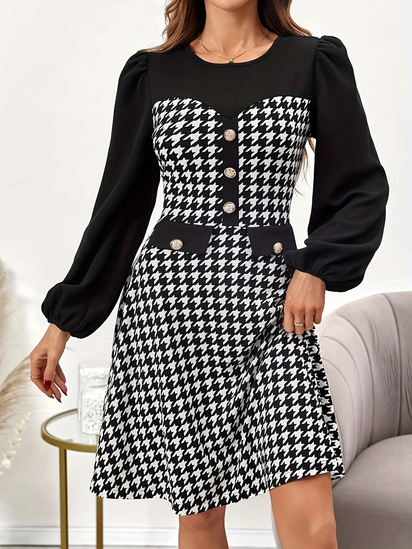 Elegant Autumn Winter Plaid Splicing Button Dress for Women by Zhou Dongzi Stylish Directed Ladies Skirt with Bird Pattern - Image 4