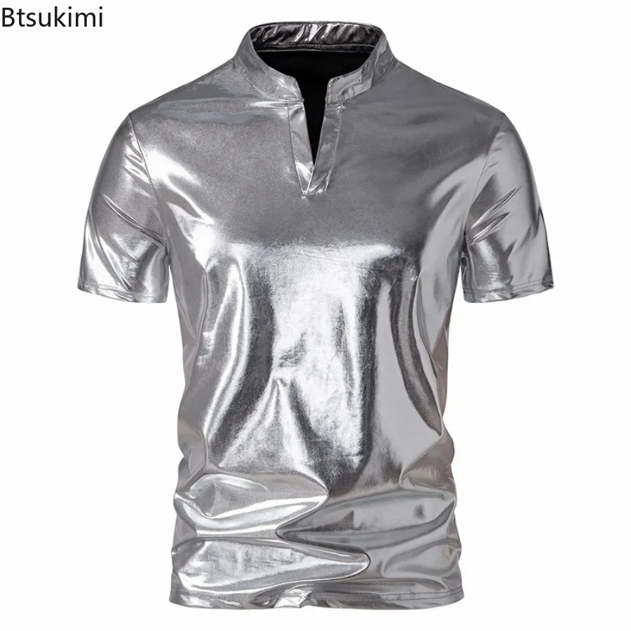 2026 Men\'s Hipster Glossy Short Sleeve T-shirt Trend Henry Collar 70s Disco Nightclub Party Tees New Men Hip Hop Tops Streetwear