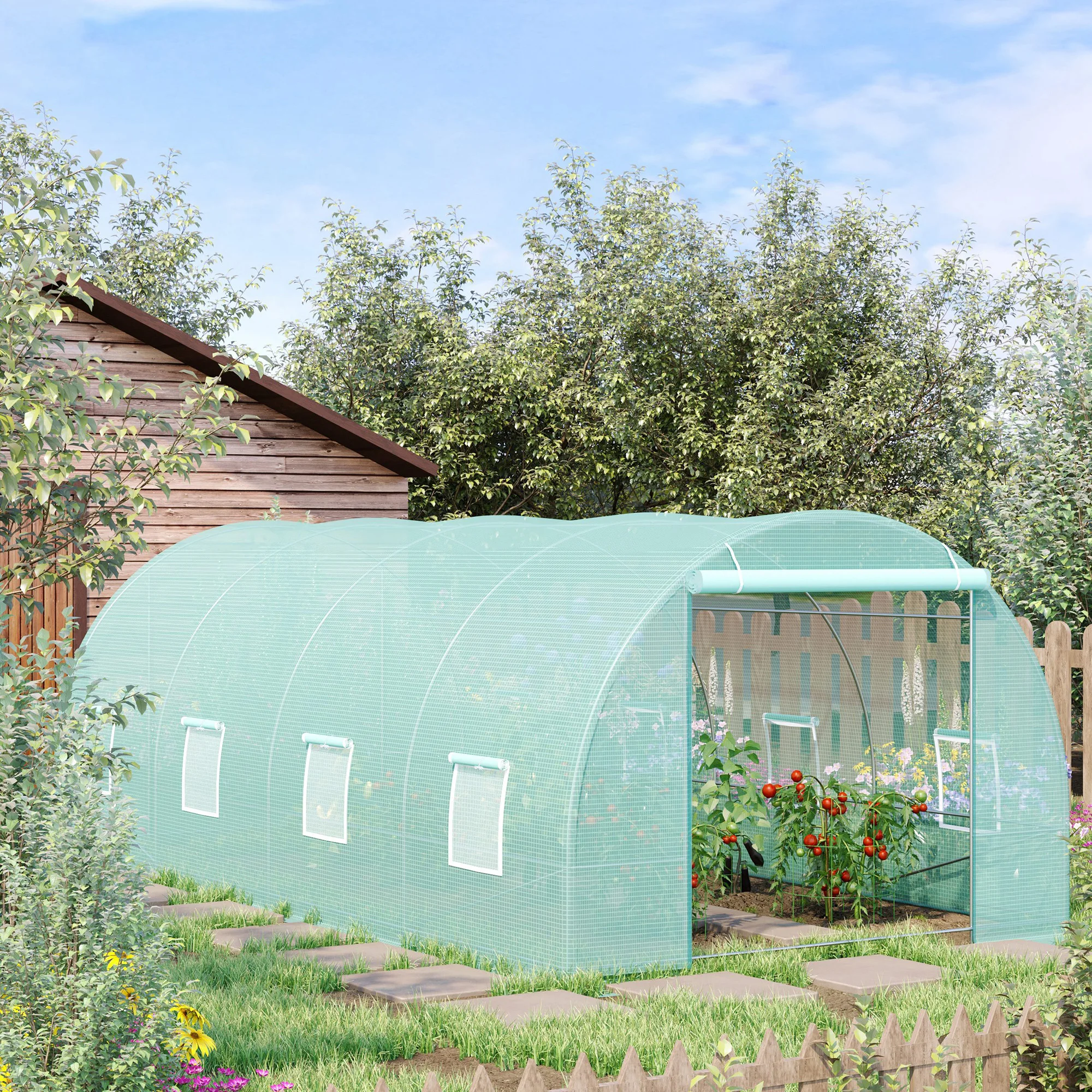 

20' x 10' x 7' Walk-In Tunnel Greenhouse with Zippered Door & 8 Mesh Windows, Large Garden Green House Kit, Galvanized Steel Frame, Green