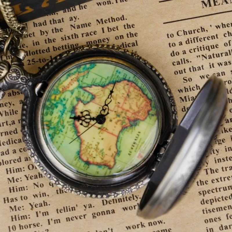 빈티지 지구 판지도 석영 주머니 시계 Fob 체인 아랍어 디지털 골드 도금 다이얼 목걸이 남성 여성 시계 선물