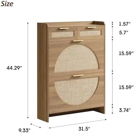 Rattan Shoe Storage Cabinet with 2 Flip Drawers & 2 Drawers, Freestanding Organizer for Front Door Entrance, Hidden