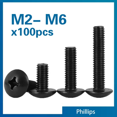 Imagen 1 del producto 100 unids/lote tornillos TM Phillips Truss tornillo de cabeza de seta tornillos electrónicos chapados en negro de acero al carbono M2 M2.5 M3 M3.5 M4 M5 M6