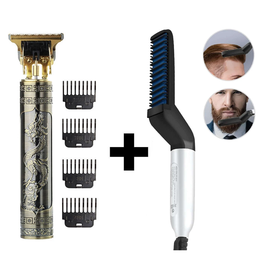 Kit de Barba e Cabelo Masculino, Barbeador Elétrico Recarregável, Escova Modeladora, Cortador de Precisão