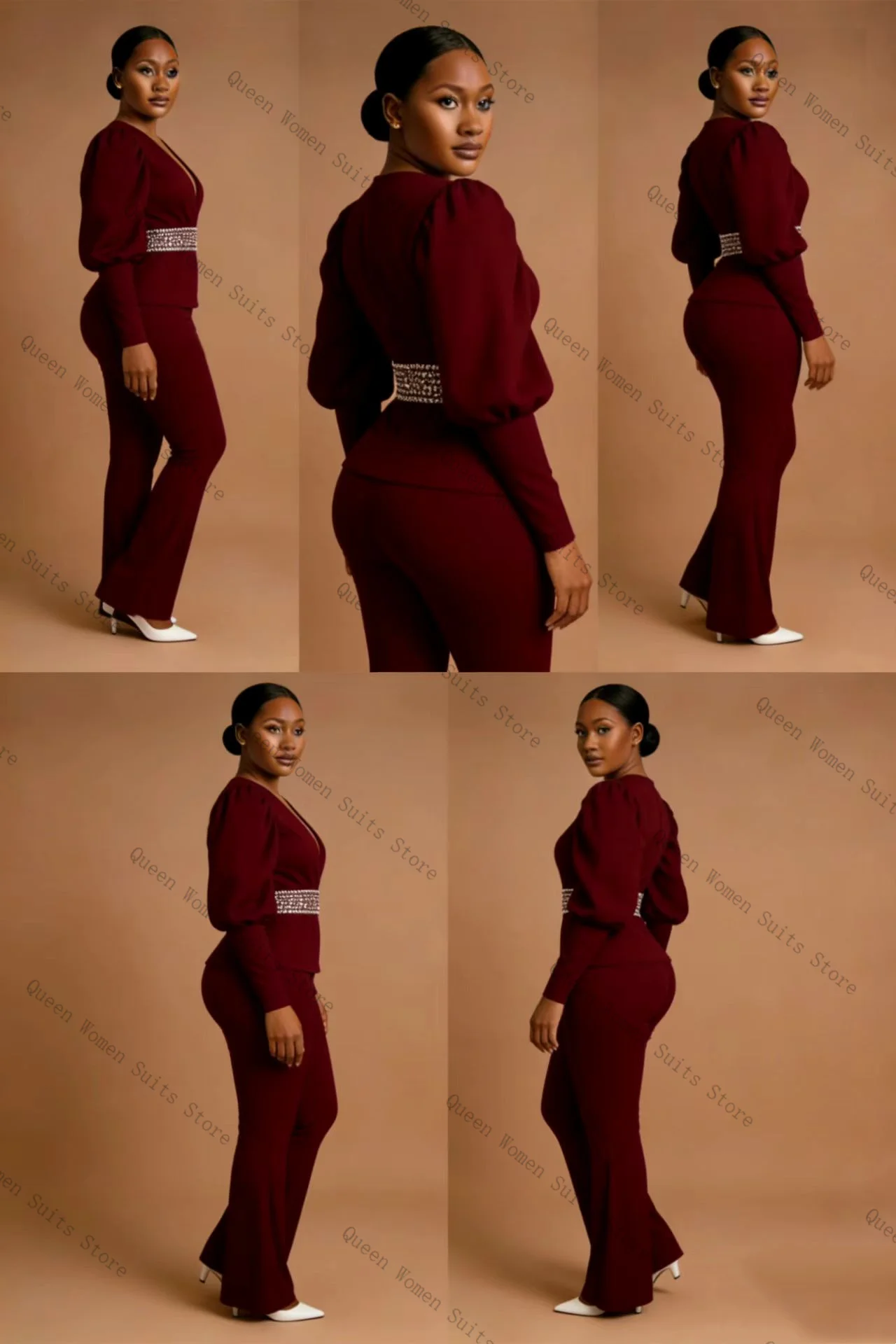 

Burgundy Women Suit Pants Set 2 Pcs Blazer+Trousers Crystal Prom Cotton Formal Office Lady Jacket Cotton Wedding Coat Customized
