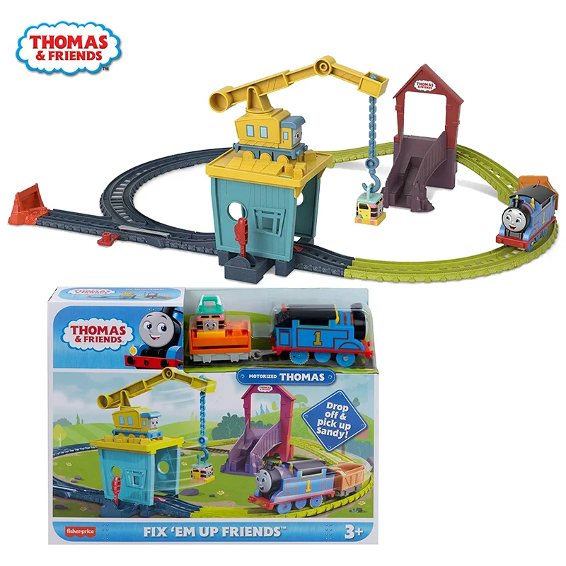 Original Thomas and Friends Fix \'em Up Trains Set with Carly Crane Sandy Rail Transport Track Kids Toys for Children Motorized