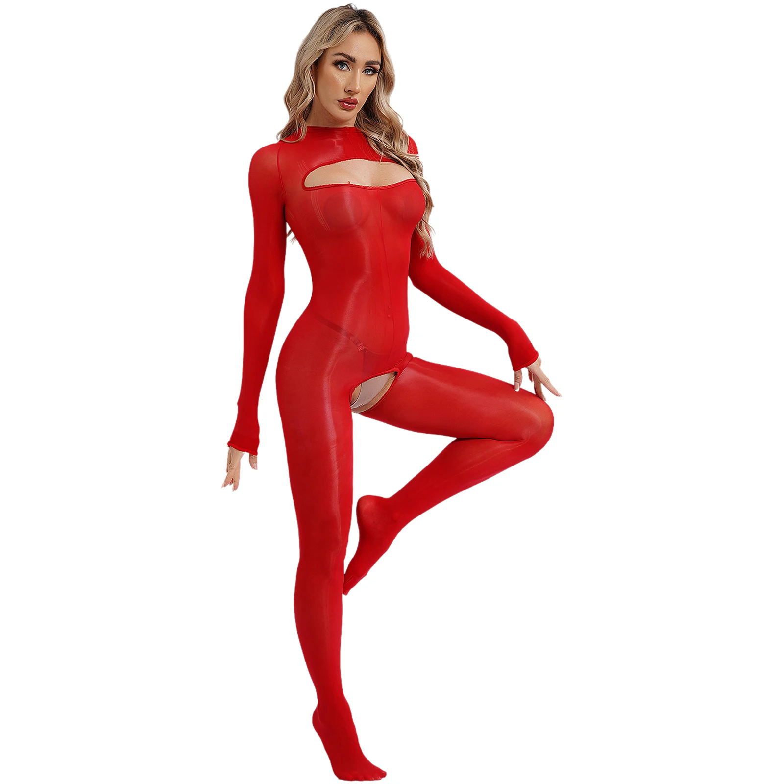 Sexy Women Stretchy See-Through Bodystockings Long Sleeve Open Breast Open Butt Bodysuit for Fun Tempting Nightwear Catsuit