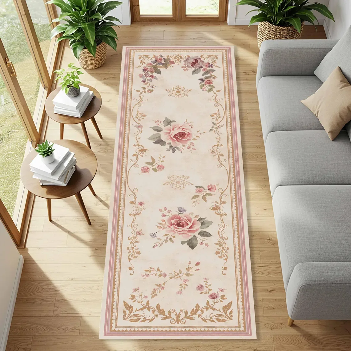 Tapis de coureur vert de style français avec imprimés de scènes vintage florales, tapis de couloir Cottagecore romantique, tapis de décoration pastorale élégant