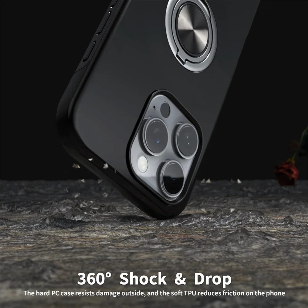 Case For iPhone 16 15 14 13 12 11 Pro Max XS MAX XR 8 7 Plus Degree Armor Bumper Shockproof Metal Ring Hard PC Silicone Cover