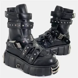 New Rivet Boots Metal Decor Height Boosting Punk Shoes Round Head Thick Bottom Flat Boots Zapatos De Mujer Env Zhuo O Gratis