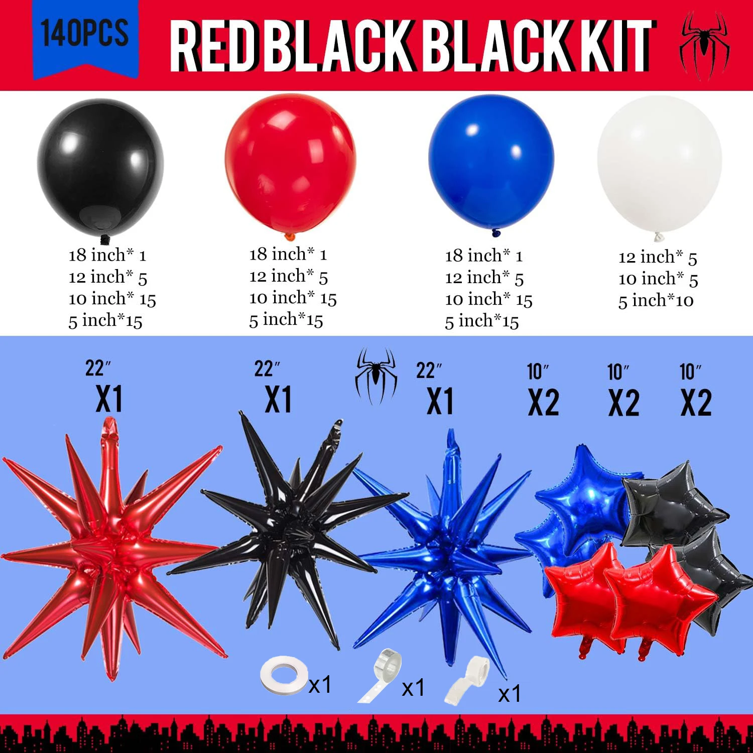 Blue Red Black White 140pcs Balloons Garland Arch Kit for Spider Theme Boy Birthday Party Superhero Inspired Decorations