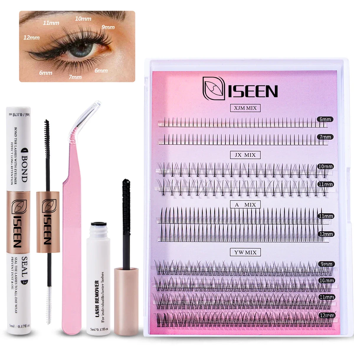 DlY Eyelash Extension Kit Individual Lashes Cluster D Curling Mix Lash Clusters With Lash Bond, Lash Remove And Tweezers