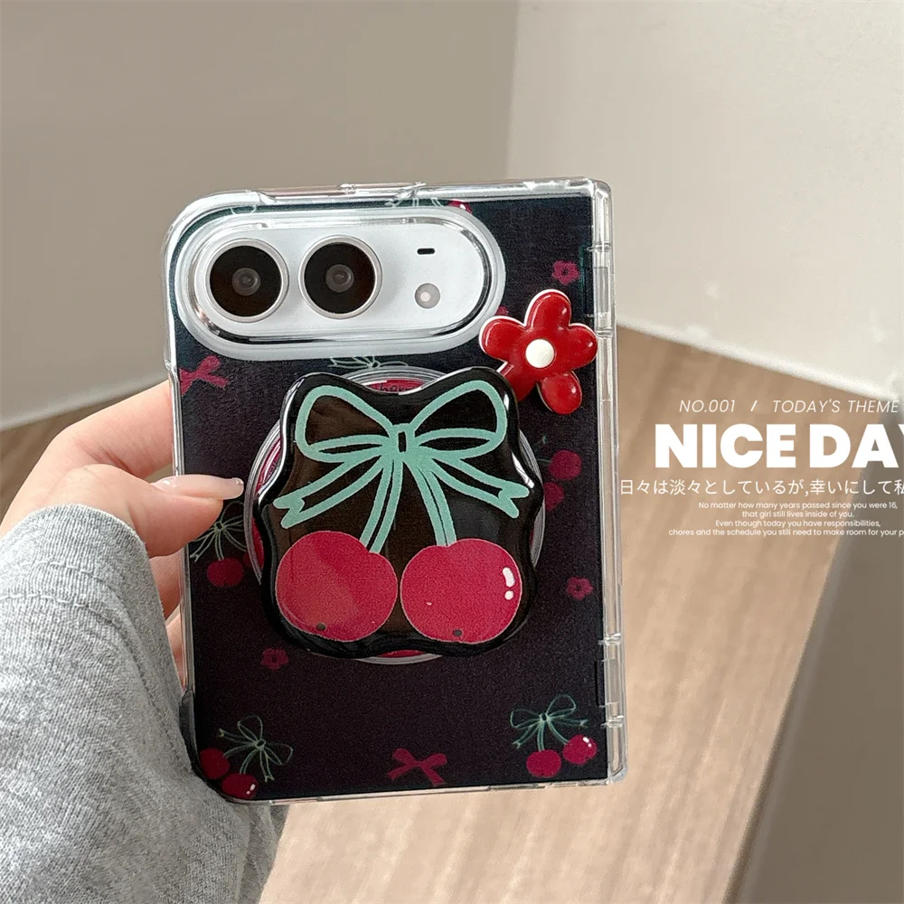 Korean Cute ins bowknot Cherry Folding Phone Case For iPhone Duo With Magnetic Stand 3D Stars Shockproof cases For Magsafe