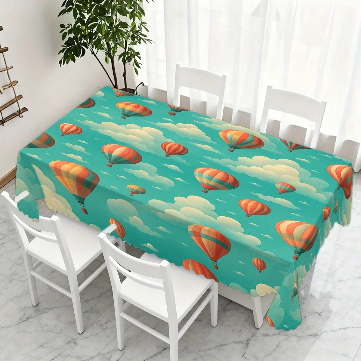 Cute Sky Hot Air Balloon Cloud Art Waterproof Tablecloth, Rectangular Cover for Whimsical Style Family Table Party Decor