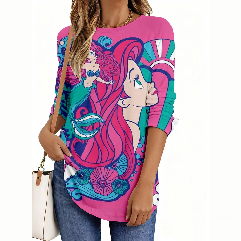 

2025 Большие размеры, осенне-зимняя новая модная женская элегантная повседневная свободная футболка с круглым вырезом и длинными рукавами с принтом принцессы Диснея