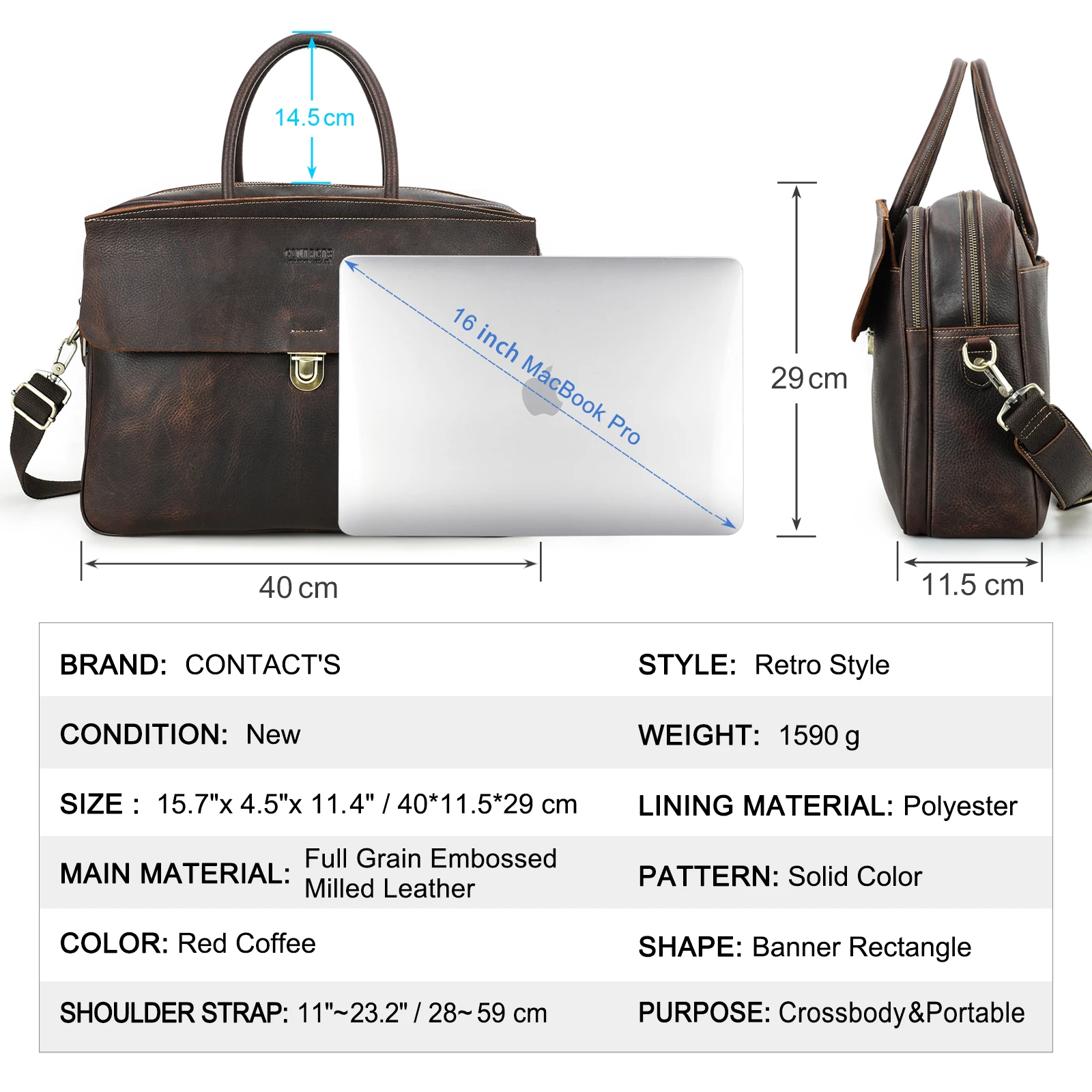 CONTACT'S Borse da lavoro in vera pelle Valigetta da uomo Borsa a tracolla con patta Borsa a tracolla Tote Borsa per laptop per MacBook Pro da 16"