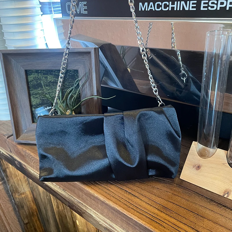 

Women Simple Black Satin Clutch Small Square Bags Folded Chain Shoulder Crossbody Purse