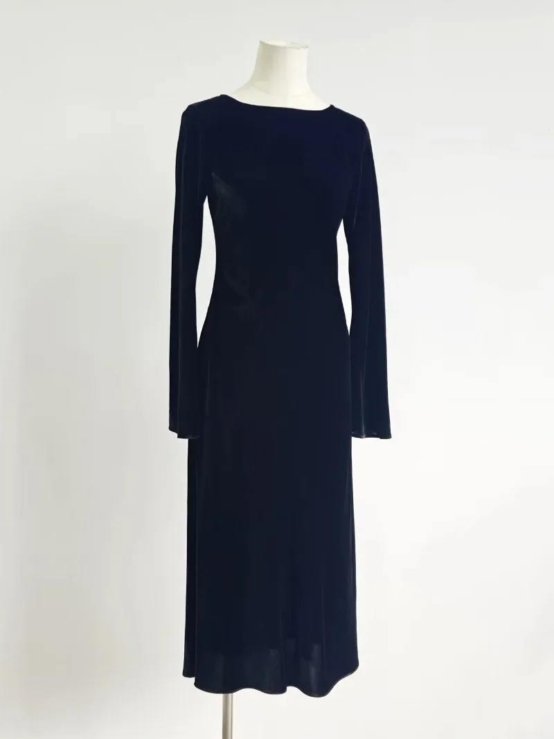 Autumn French Elegant Mulberry Silk Dress High-end Velvet Bias-cut Round Neck Black Dress