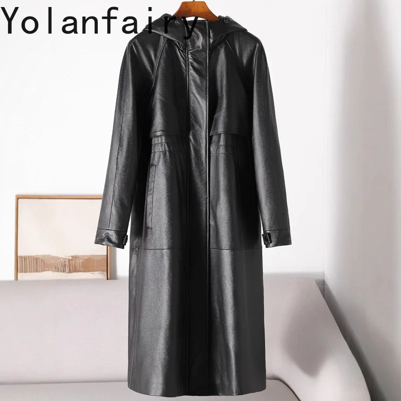 YOLANFAIRY Top Layer Cowhide Genuine Leather Jacket Women Winter with Hood Loose White Goose Down Coat Wam Long Puffer Coats
