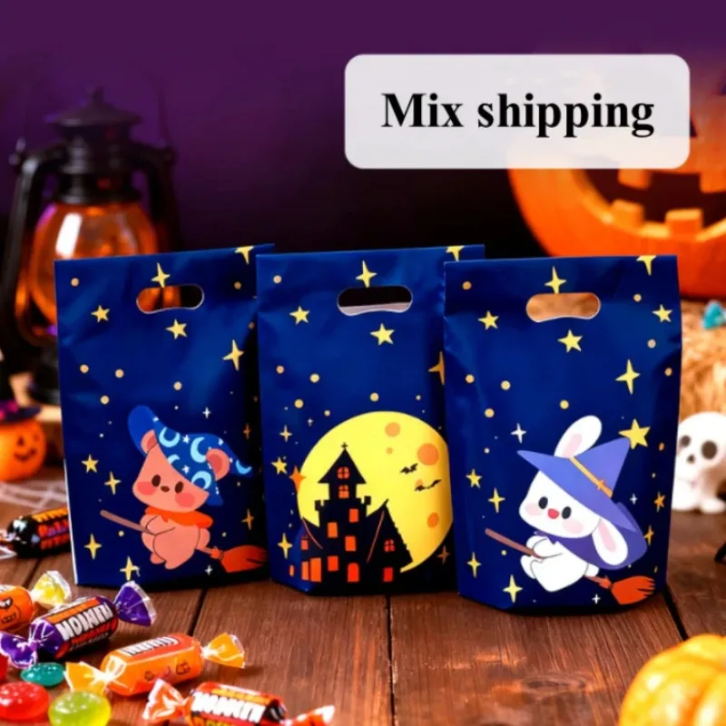 

50PCS 7.1x9.4 inch Stand Up Open Top Handle Bags, Plastic Pouches for Halloween Candy, Festival Snacks & Party Favor Packaging