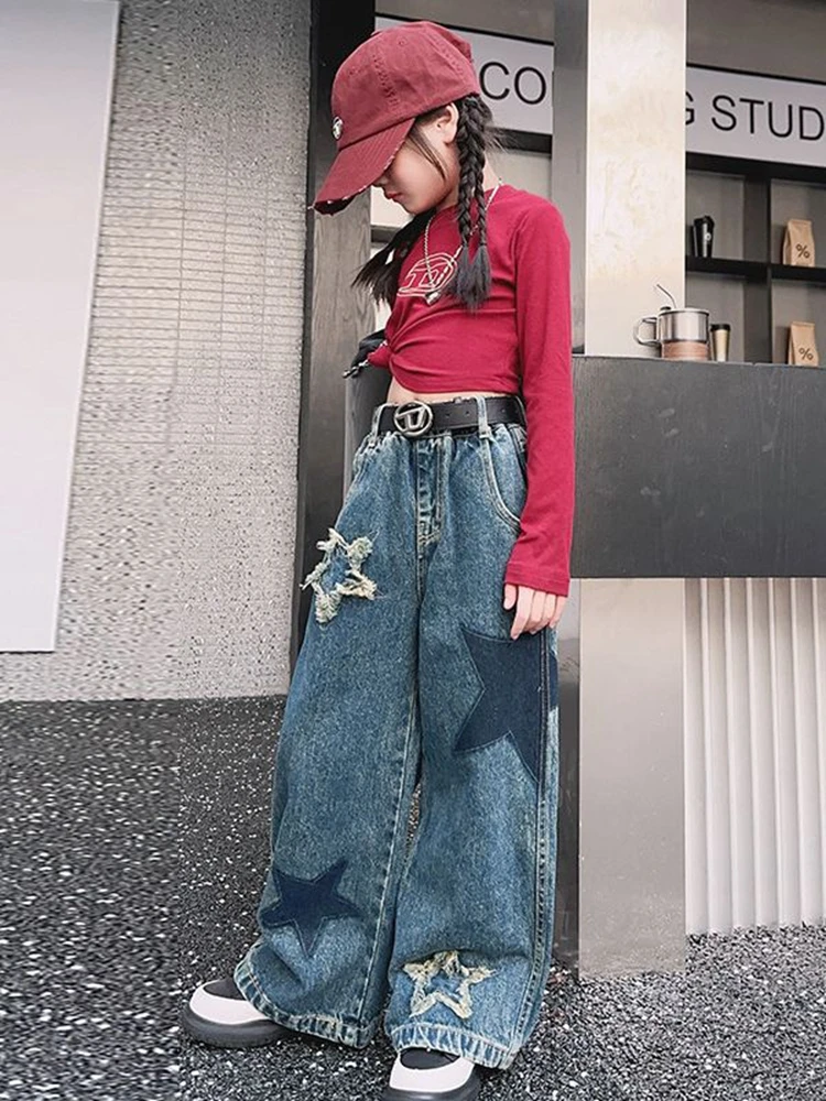 Girls Five Star Pattern Jeans Spring Fashion Teenage School Casual Straight Wide Leg Jeans for Kids 4-15 Years Children Trousers