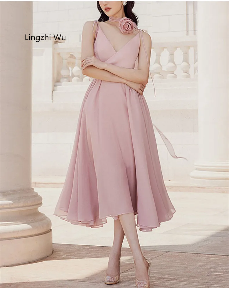 Lingzhi Wu-Pink V-Neck Spaghetti Strap Formal Dress for Ladies, Elegant Top Quality Chiffon Dress, French Design, Holiday Female