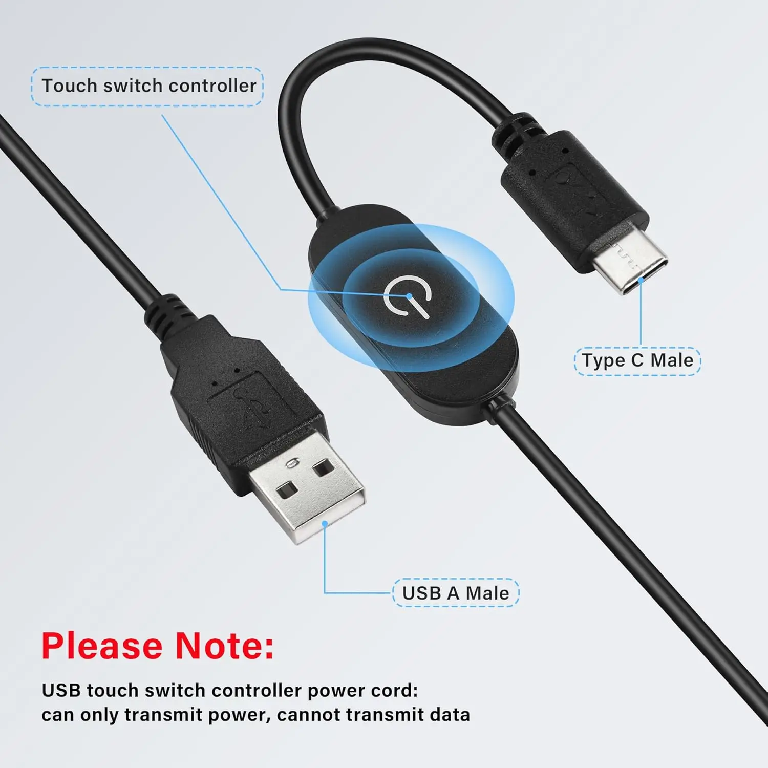 USB Power Switch Cable USB 2.0 A to Type C Male LED Touch Dimmer Cord Single Colour Dimming On Off Switch Controller DC 5V