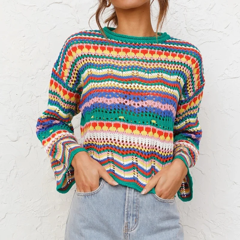 

Women Round Neck Loose Sweaters, Bohemian Long Sleeve Crochet Knit Pullover Tops