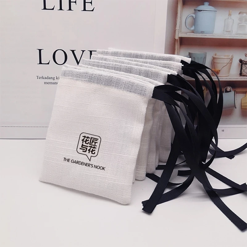 50pcs Jewelry Cotton Gift Bag with Black Ribbon 9x12cm Wedding Birthday Party Candy Pouch Jewelry Packaging Display&Pouches