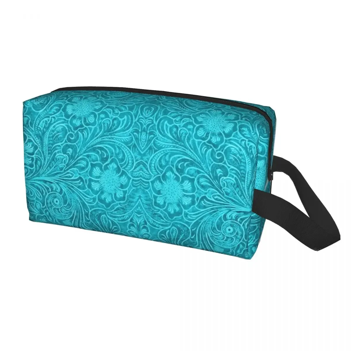 

Turquoise Leather Texture Look Makeup Bag Travel Cosmetic Organizer Fashion Embossed Floral Pattern Storage Toiletry Bags