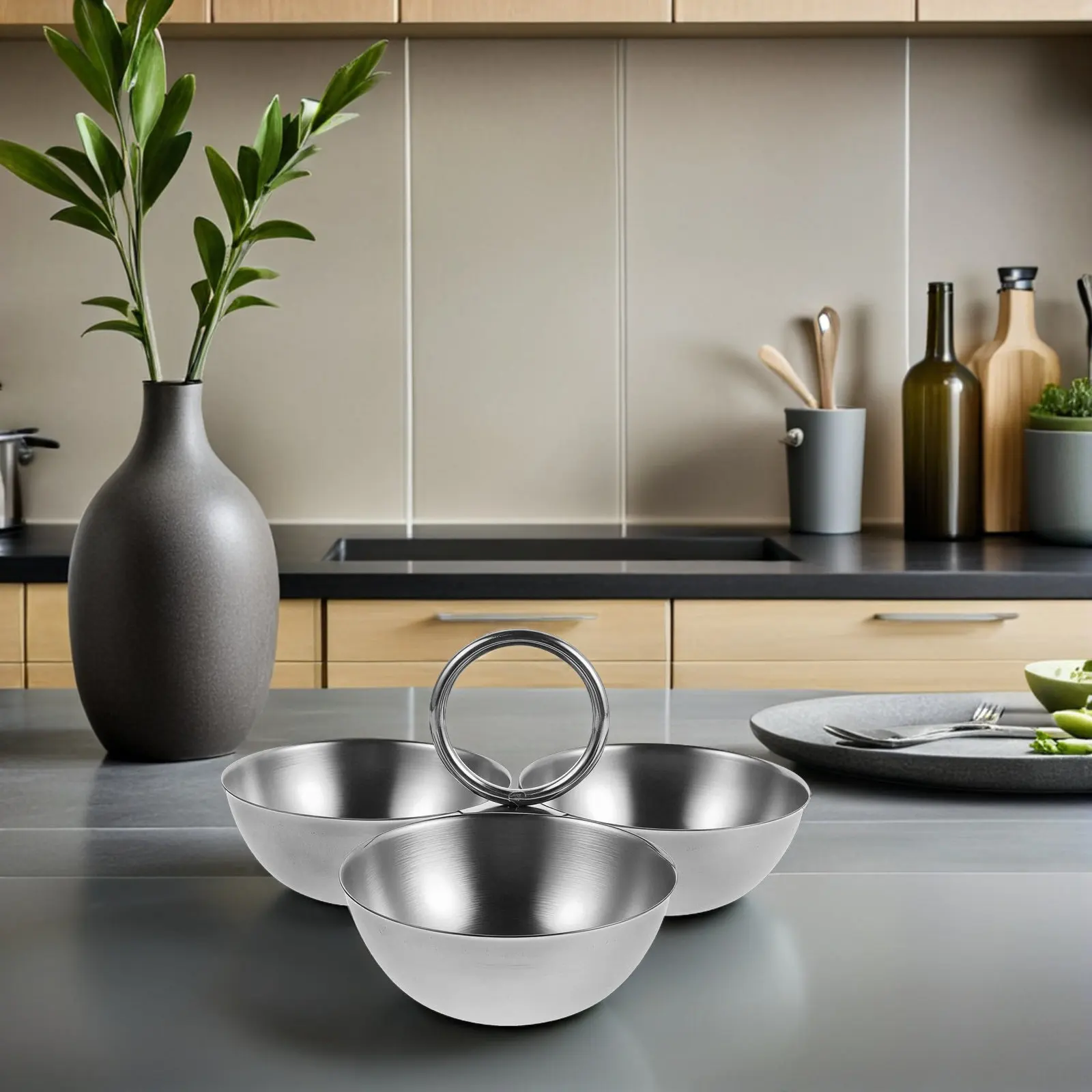 Cluster Serving Bowl 3-in-1 Stainless Steel Snack Plate Connected Dessert Tray for Home Kitchen Party Restaurant Fruit Nuts
