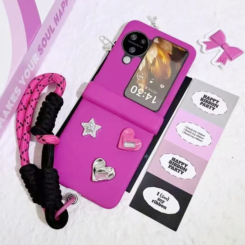 

Fashion Bling Stars Rhinestone Phone Case For OPPO Find N3 Flip N3Flip Find N2 Flip Rose Portable Wrist Bracelet Cover