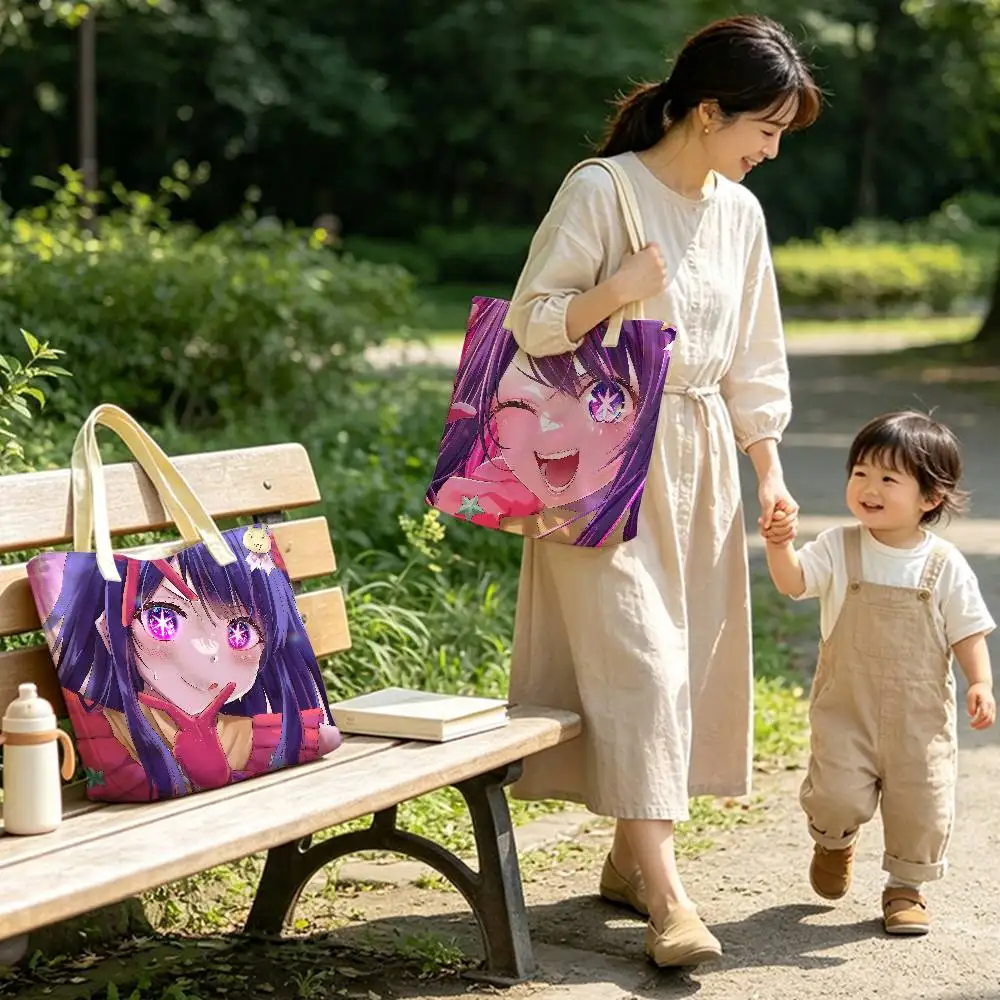 Anime Oshi No Ko Hoshino pattern printed canvas tote bag, suitable for daily use, shopping, school, and travel