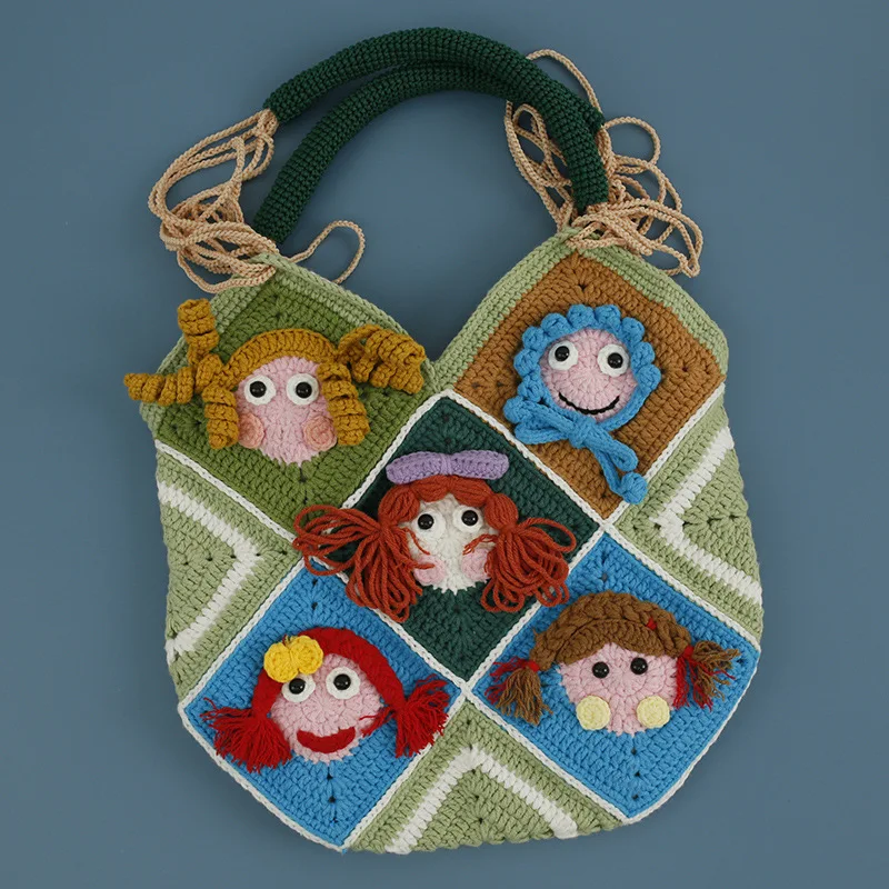 Creative Cartoon Hand-woven Shoulder Bag, Personalized Girl Checkered Splicing Bag, Wool Crocheted Women's Bag